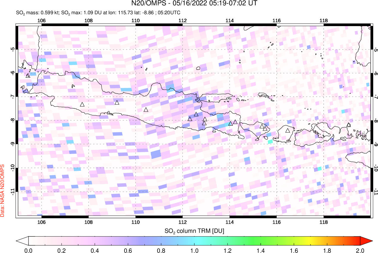 A sulfur dioxide image over Java, Indonesia on May 16, 2022.