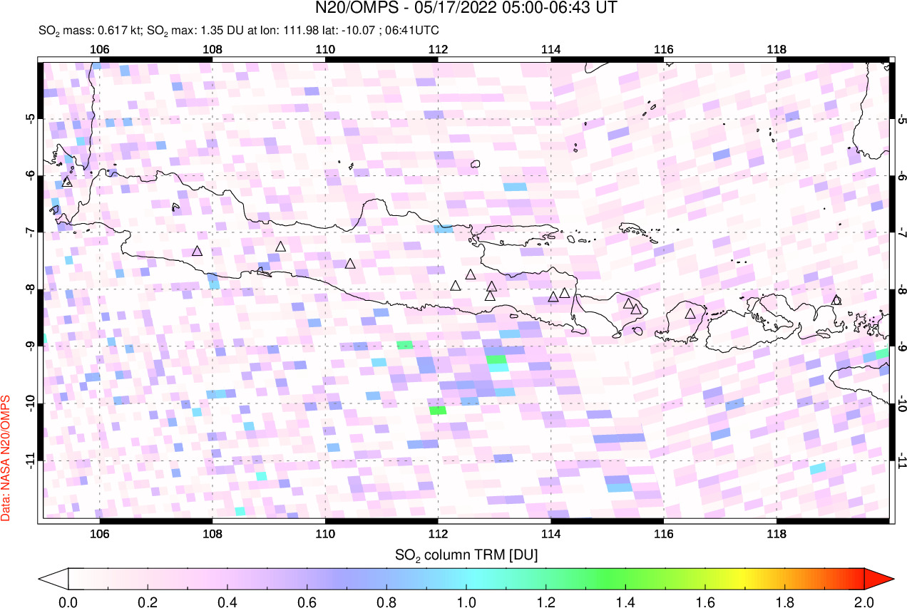 A sulfur dioxide image over Java, Indonesia on May 17, 2022.