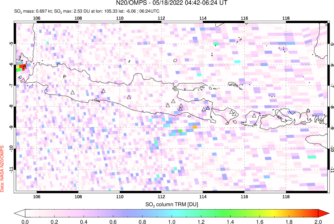 A sulfur dioxide image over Java, Indonesia on May 18, 2022.