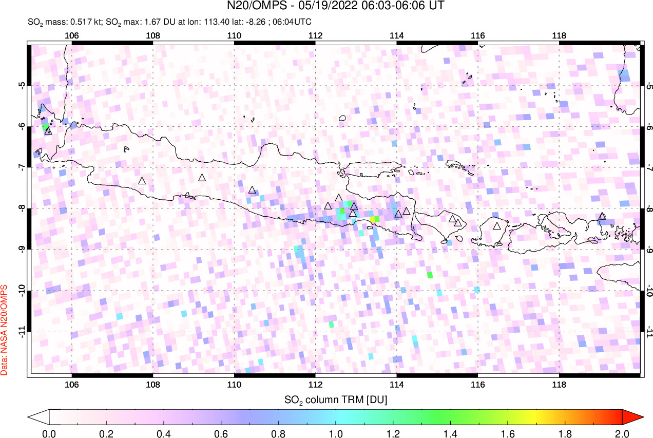 A sulfur dioxide image over Java, Indonesia on May 19, 2022.