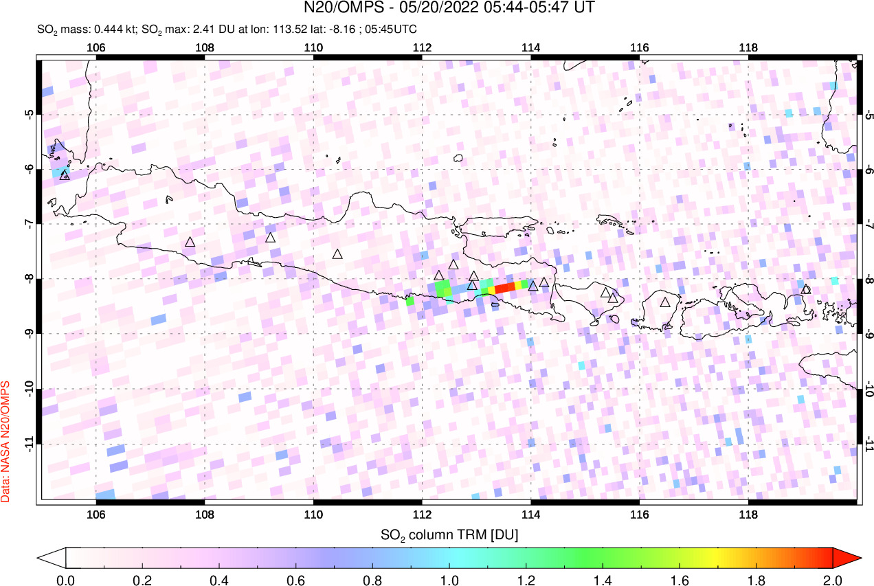 A sulfur dioxide image over Java, Indonesia on May 20, 2022.