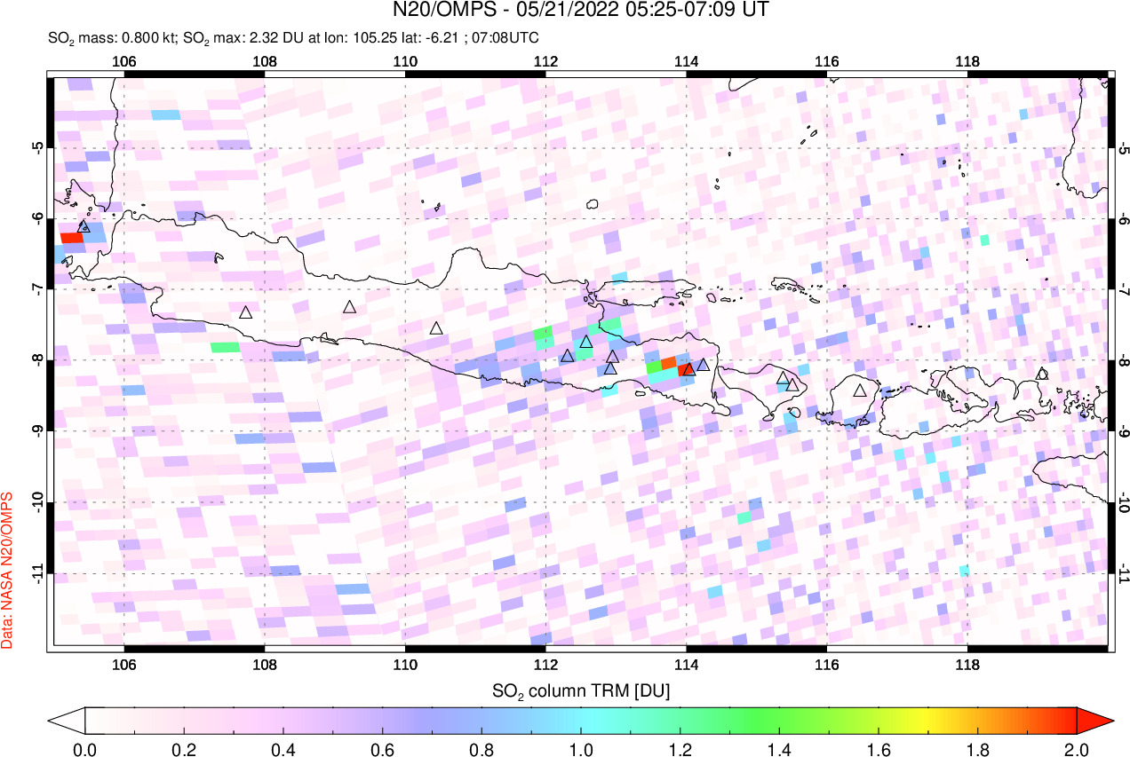 A sulfur dioxide image over Java, Indonesia on May 21, 2022.