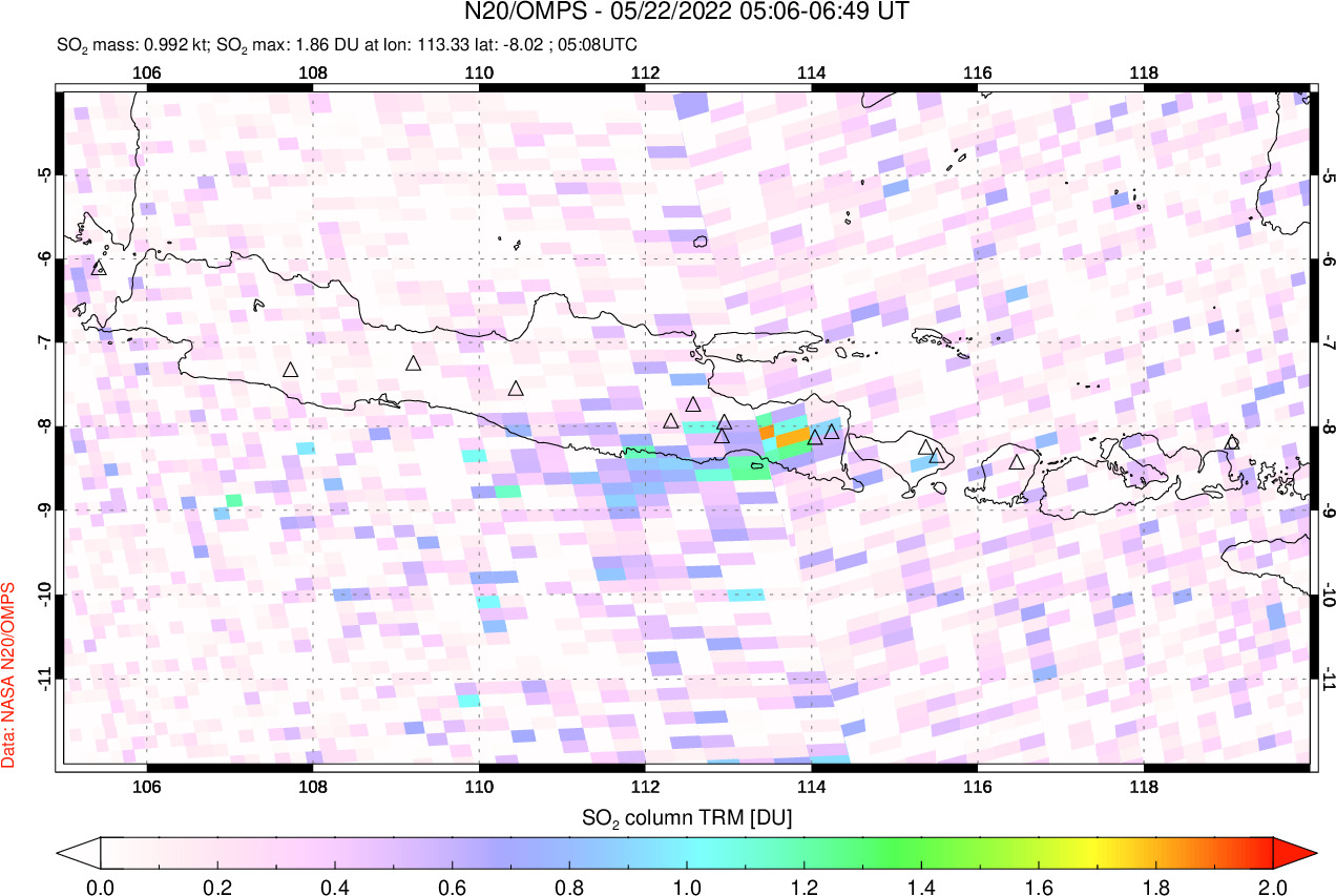 A sulfur dioxide image over Java, Indonesia on May 22, 2022.