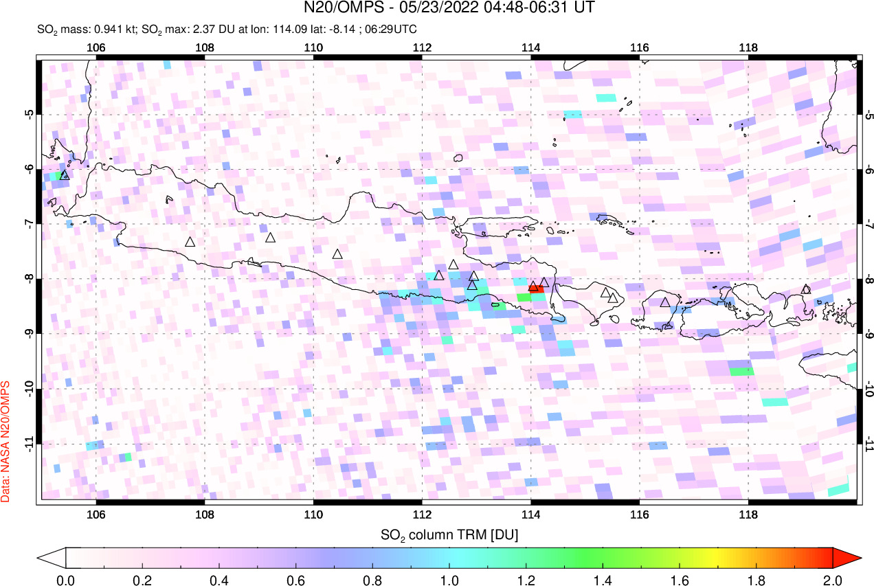 A sulfur dioxide image over Java, Indonesia on May 23, 2022.
