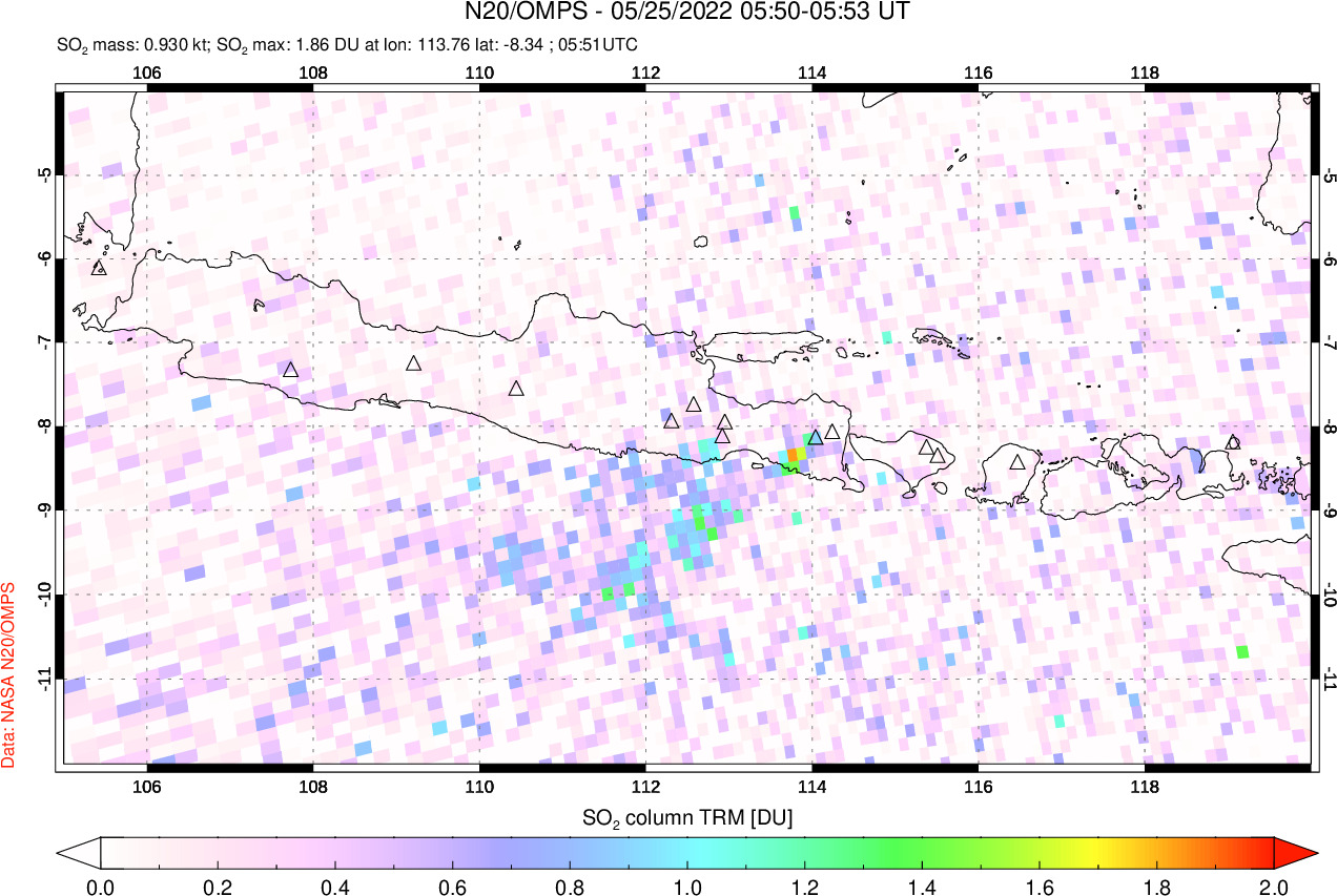 A sulfur dioxide image over Java, Indonesia on May 25, 2022.