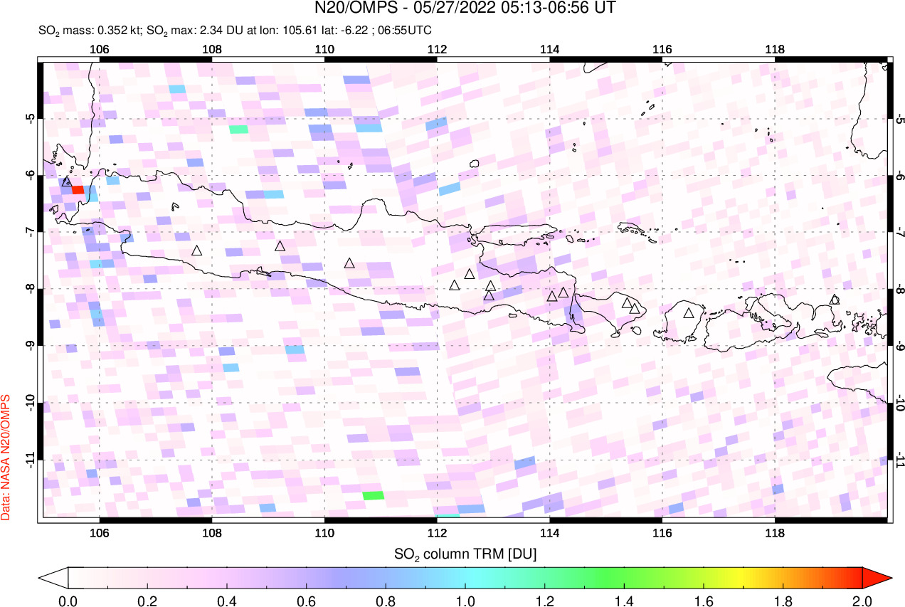 A sulfur dioxide image over Java, Indonesia on May 27, 2022.