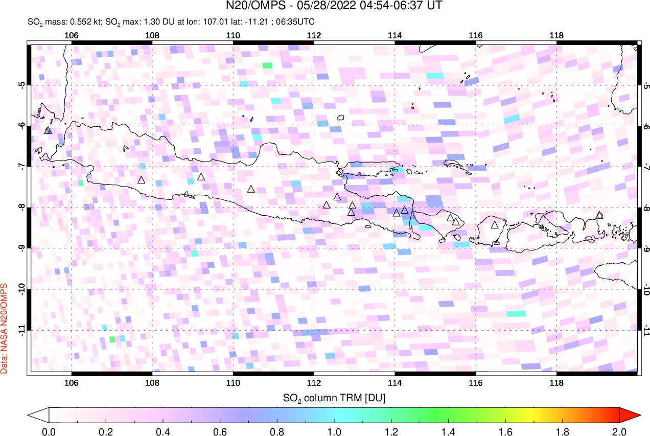 A sulfur dioxide image over Java, Indonesia on May 28, 2022.