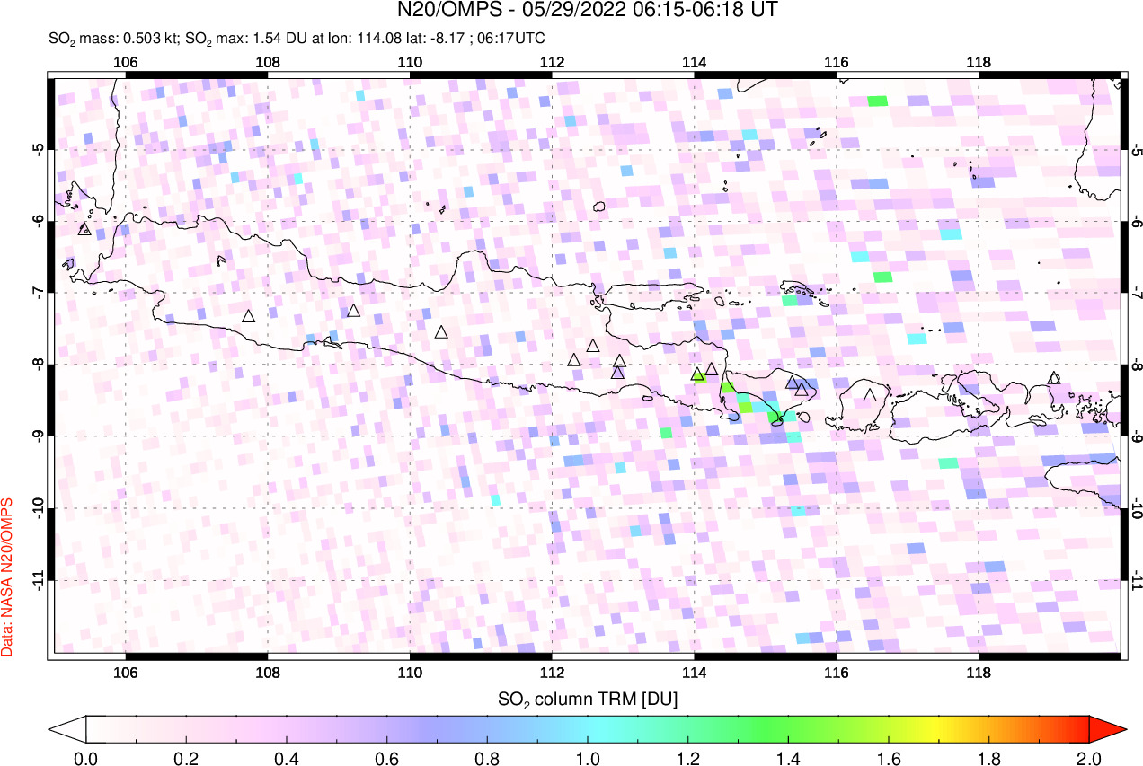A sulfur dioxide image over Java, Indonesia on May 29, 2022.