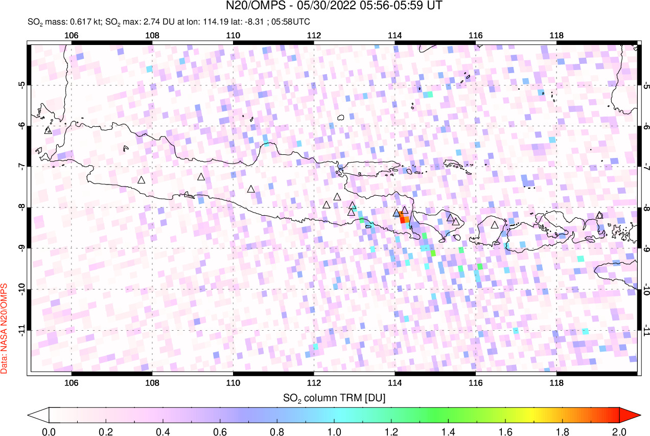 A sulfur dioxide image over Java, Indonesia on May 30, 2022.