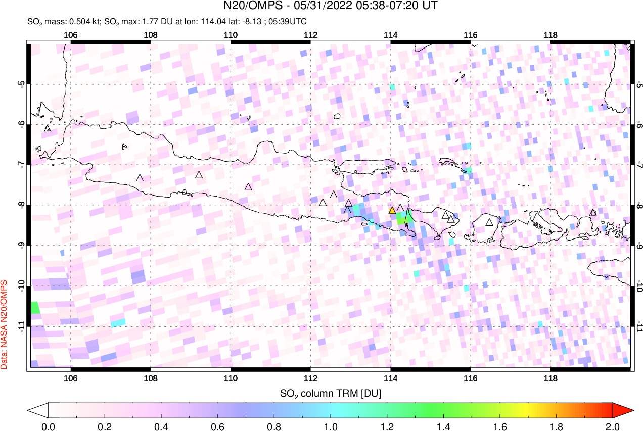 A sulfur dioxide image over Java, Indonesia on May 31, 2022.