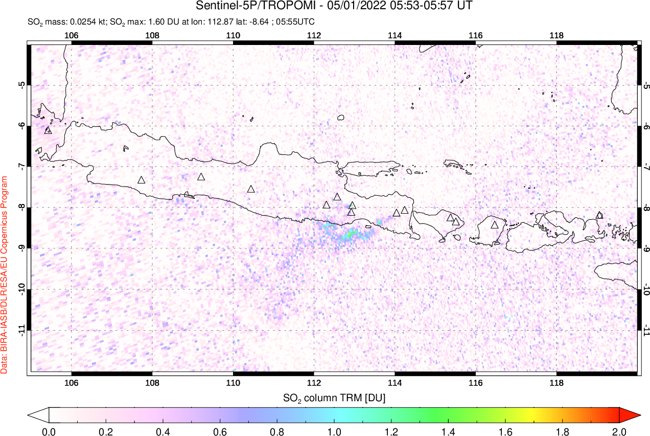 A sulfur dioxide image over Java, Indonesia on May 01, 2022.
