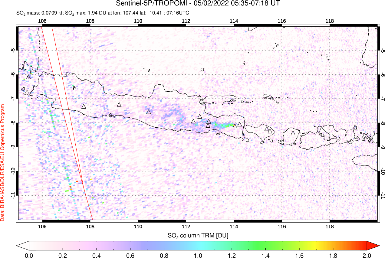 A sulfur dioxide image over Java, Indonesia on May 02, 2022.