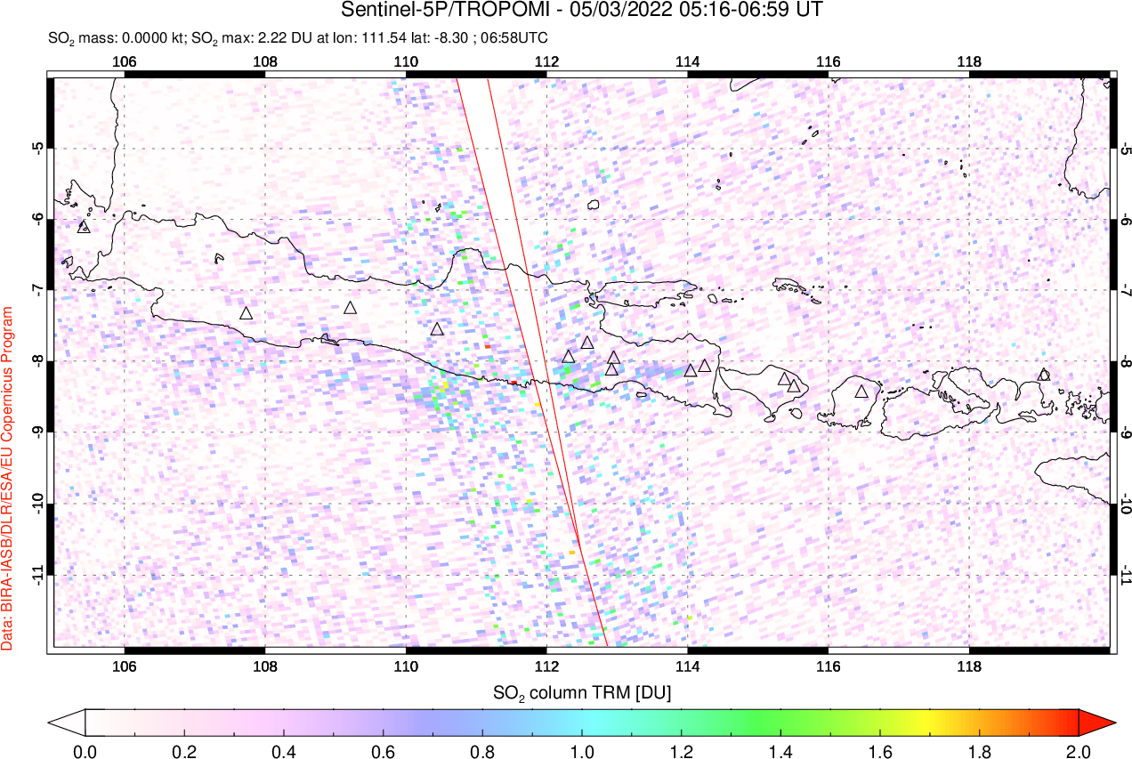 A sulfur dioxide image over Java, Indonesia on May 03, 2022.