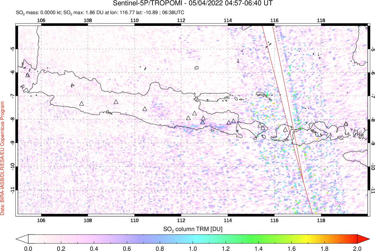 A sulfur dioxide image over Java, Indonesia on May 04, 2022.