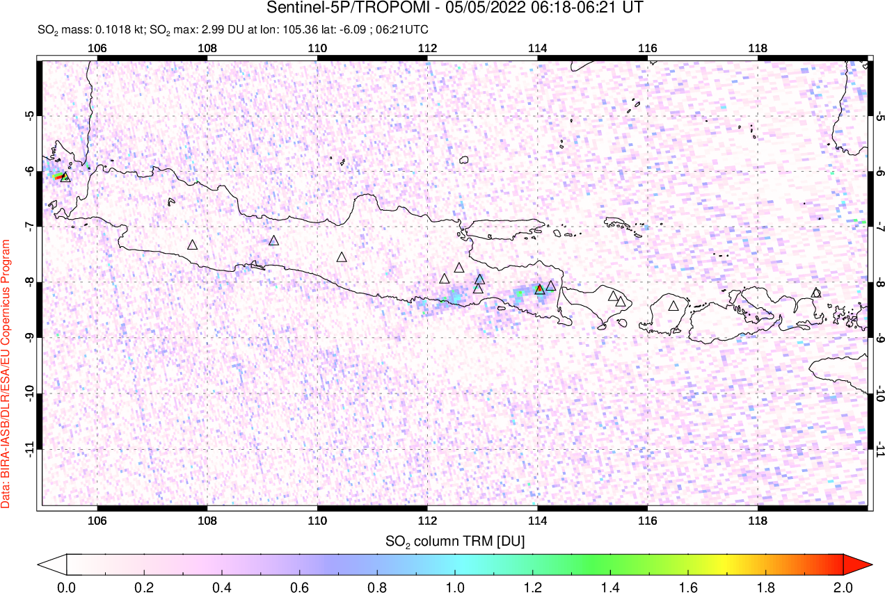 A sulfur dioxide image over Java, Indonesia on May 05, 2022.