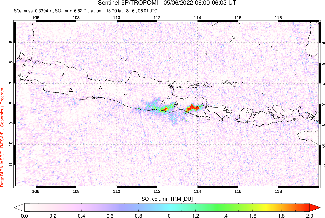A sulfur dioxide image over Java, Indonesia on May 06, 2022.