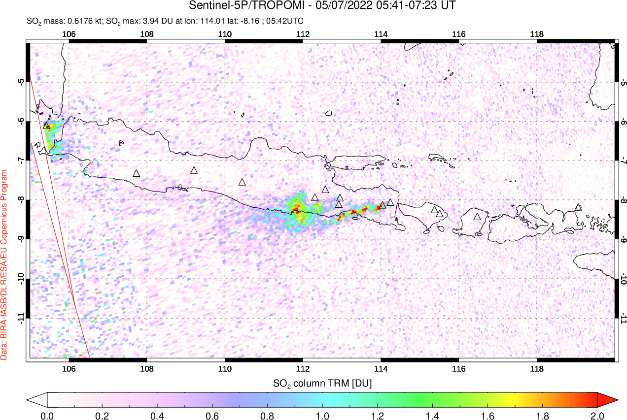 A sulfur dioxide image over Java, Indonesia on May 07, 2022.