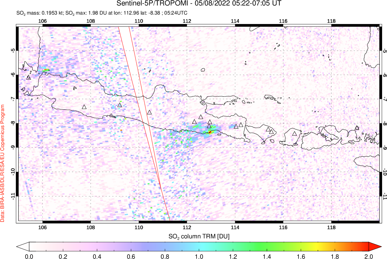 A sulfur dioxide image over Java, Indonesia on May 08, 2022.