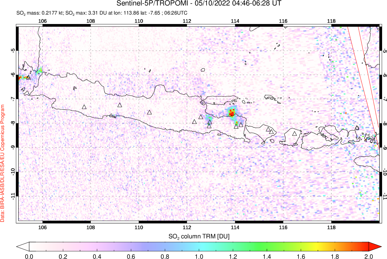 A sulfur dioxide image over Java, Indonesia on May 10, 2022.