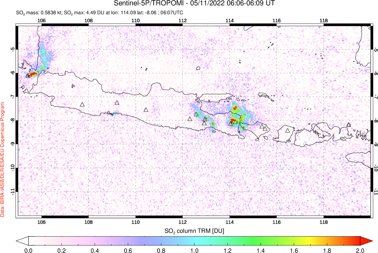 A sulfur dioxide image over Java, Indonesia on May 11, 2022.