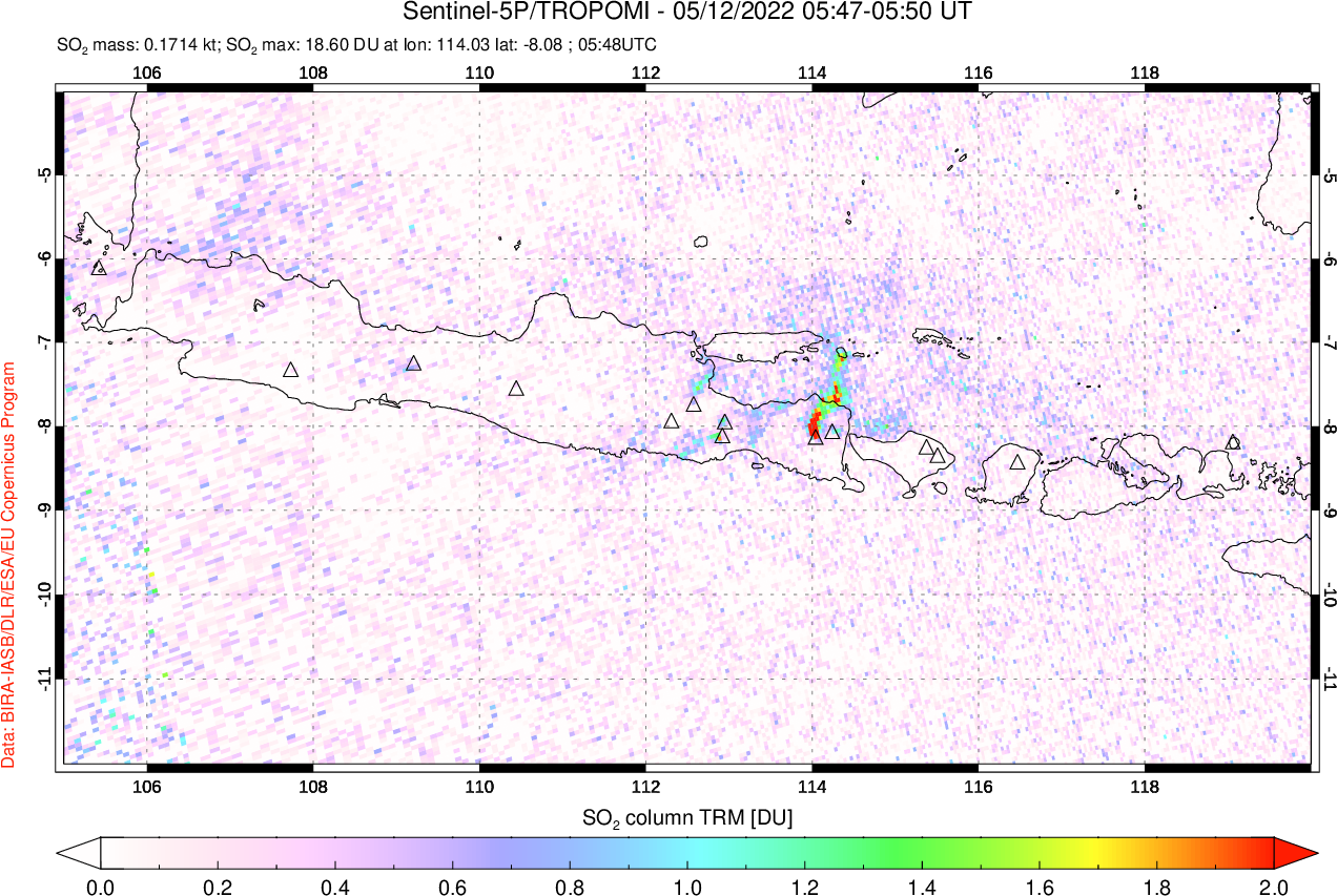 A sulfur dioxide image over Java, Indonesia on May 12, 2022.