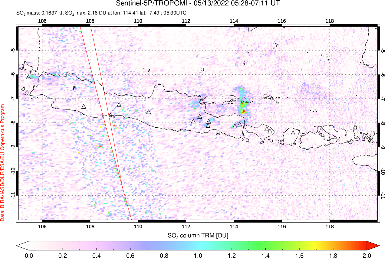 A sulfur dioxide image over Java, Indonesia on May 13, 2022.