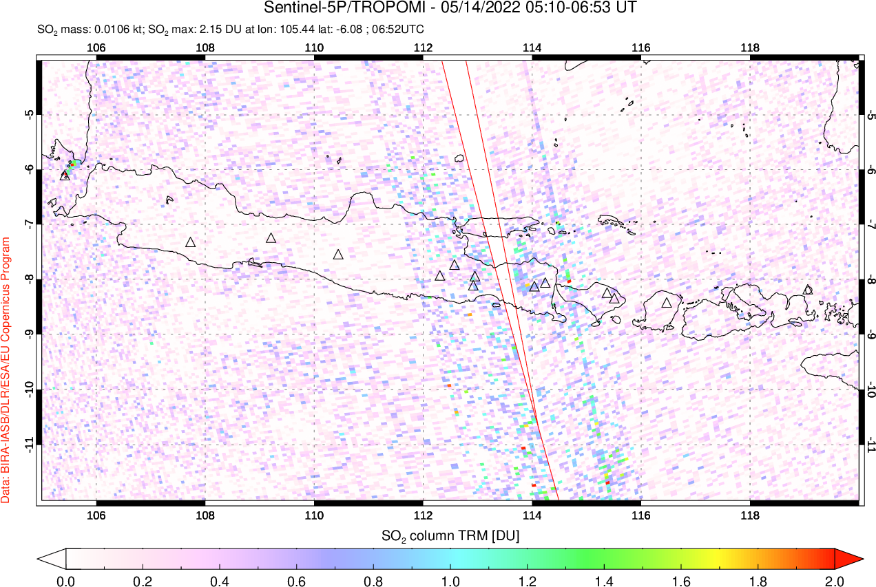 A sulfur dioxide image over Java, Indonesia on May 14, 2022.