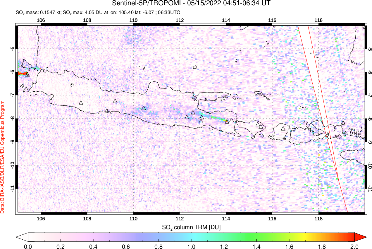 A sulfur dioxide image over Java, Indonesia on May 15, 2022.