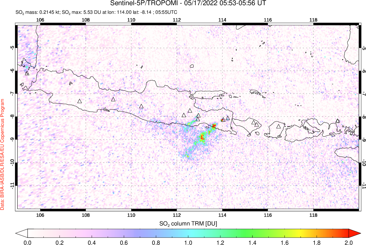 A sulfur dioxide image over Java, Indonesia on May 17, 2022.