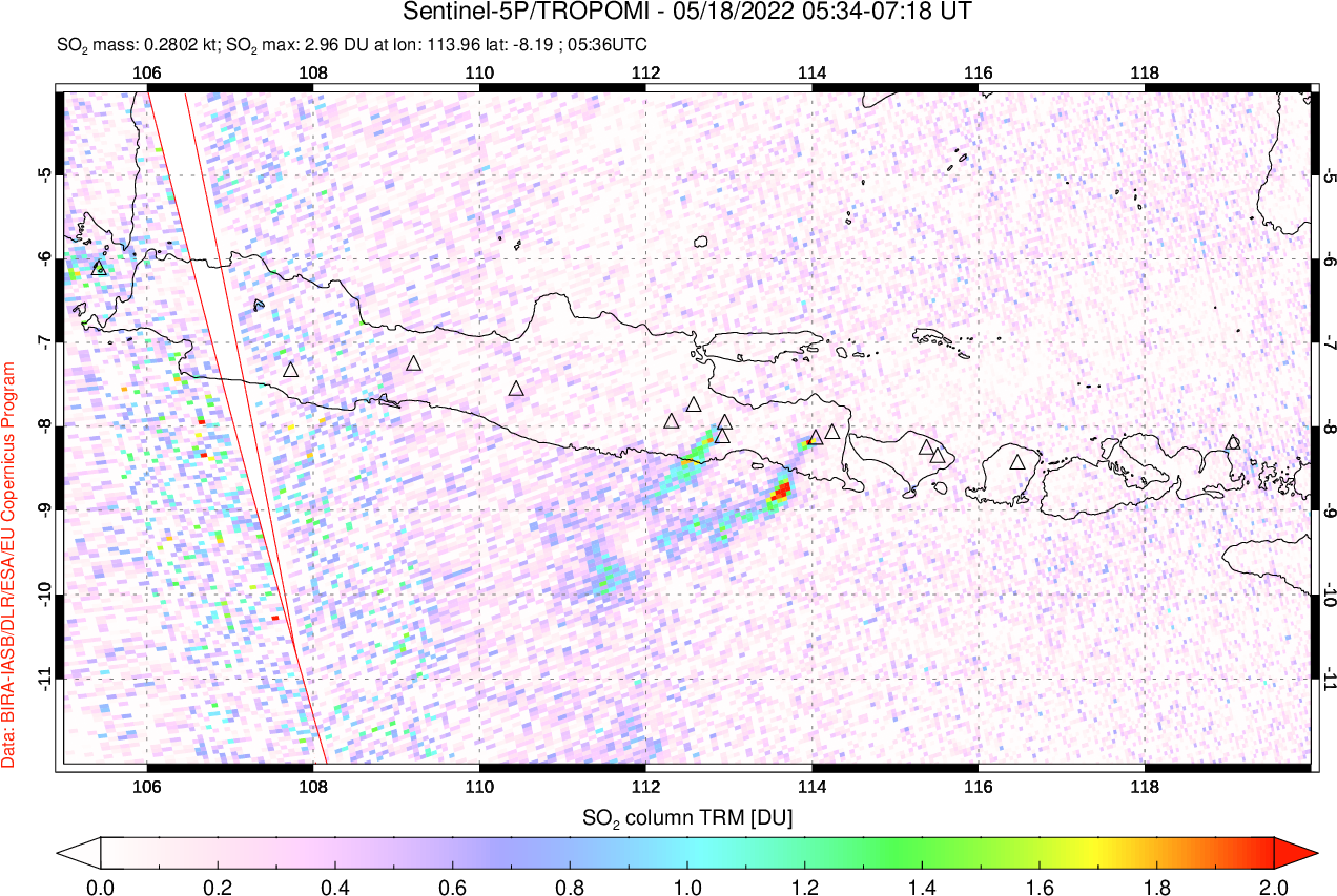 A sulfur dioxide image over Java, Indonesia on May 18, 2022.