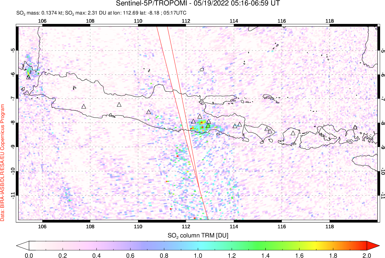 A sulfur dioxide image over Java, Indonesia on May 19, 2022.