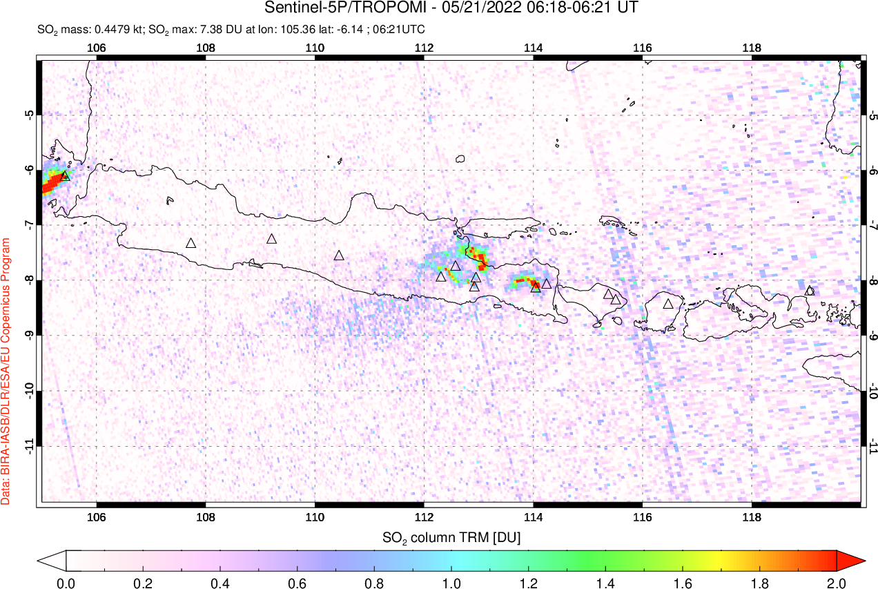 A sulfur dioxide image over Java, Indonesia on May 21, 2022.