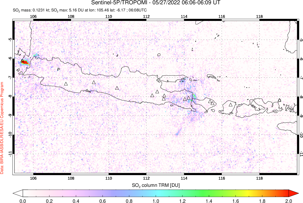 A sulfur dioxide image over Java, Indonesia on May 27, 2022.