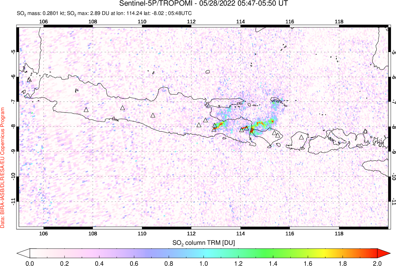 A sulfur dioxide image over Java, Indonesia on May 28, 2022.