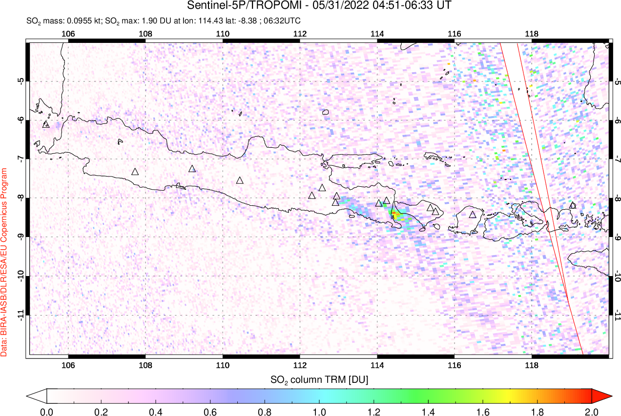 A sulfur dioxide image over Java, Indonesia on May 31, 2022.