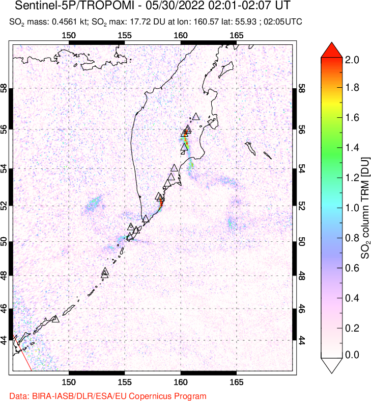 A sulfur dioxide image over Kamchatka, Russian Federation on May 30, 2022.