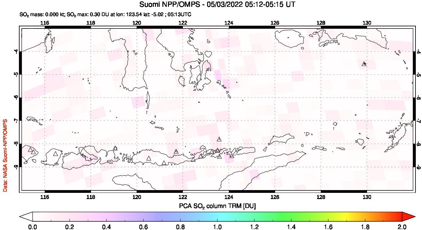 A sulfur dioxide image over Lesser Sunda Islands, Indonesia on May 03, 2022.