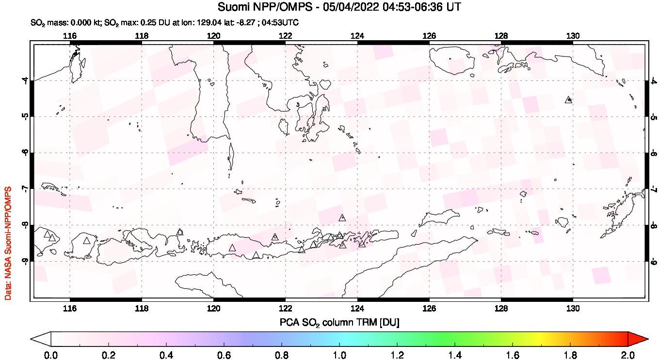A sulfur dioxide image over Lesser Sunda Islands, Indonesia on May 04, 2022.