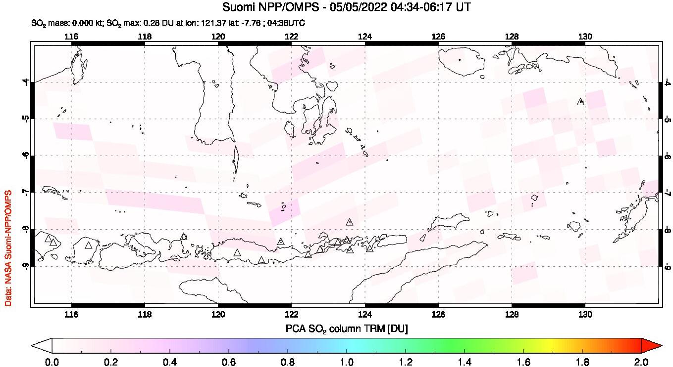 A sulfur dioxide image over Lesser Sunda Islands, Indonesia on May 05, 2022.