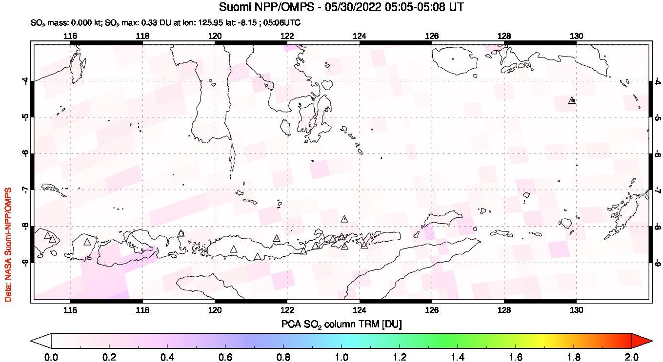 A sulfur dioxide image over Lesser Sunda Islands, Indonesia on May 30, 2022.