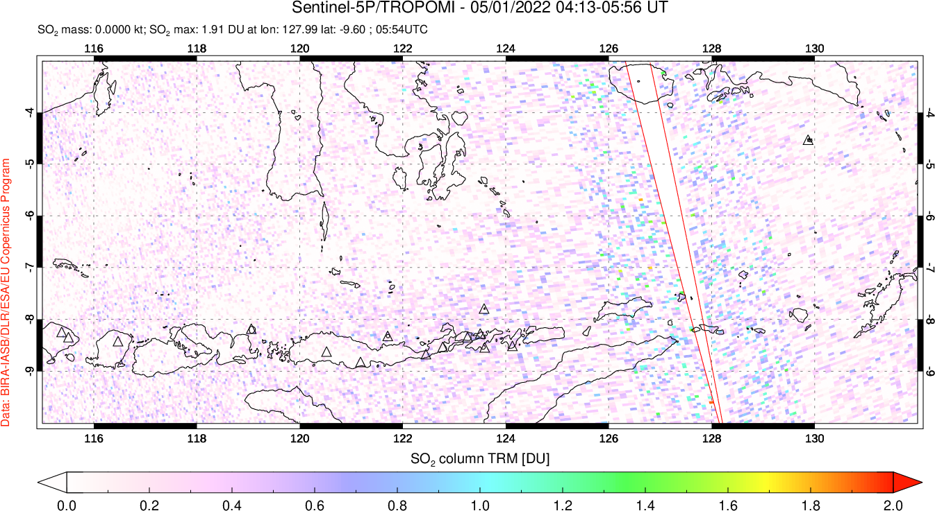 A sulfur dioxide image over Lesser Sunda Islands, Indonesia on May 01, 2022.