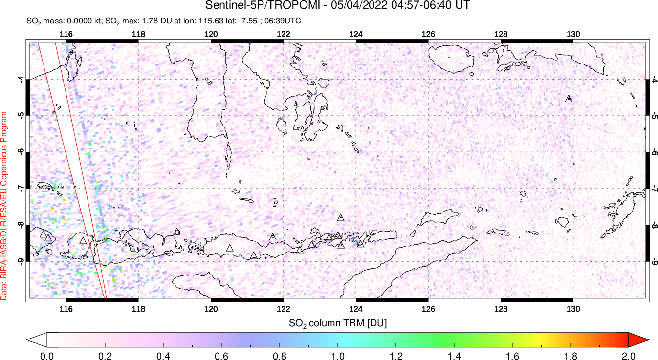 A sulfur dioxide image over Lesser Sunda Islands, Indonesia on May 04, 2022.