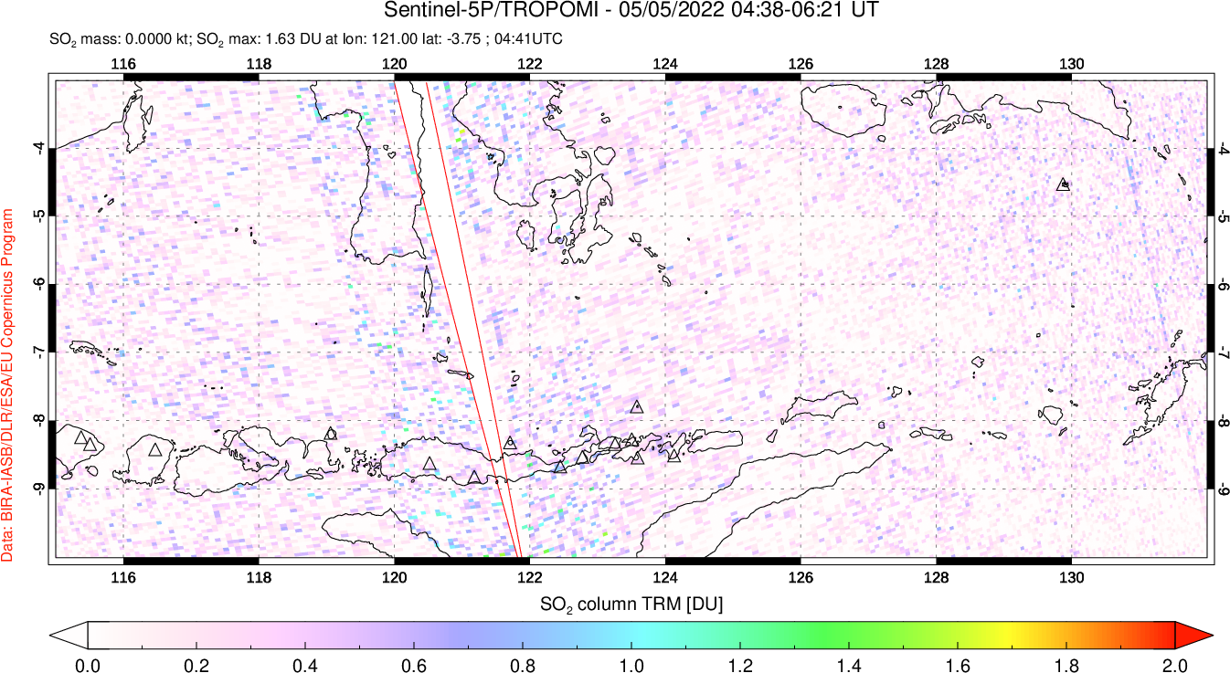 A sulfur dioxide image over Lesser Sunda Islands, Indonesia on May 05, 2022.