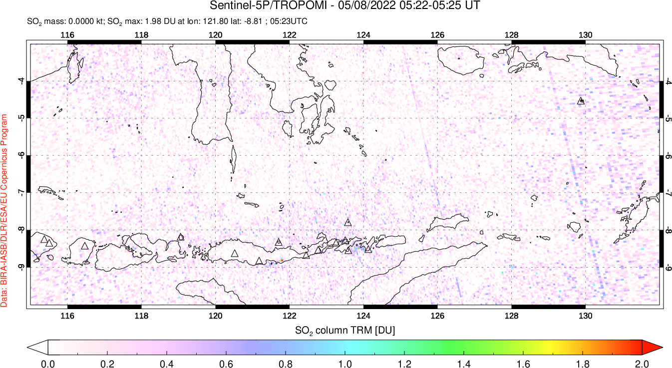 A sulfur dioxide image over Lesser Sunda Islands, Indonesia on May 08, 2022.
