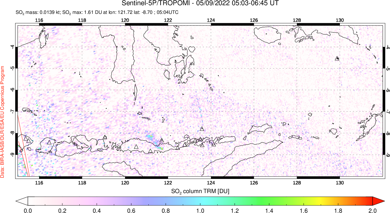 A sulfur dioxide image over Lesser Sunda Islands, Indonesia on May 09, 2022.