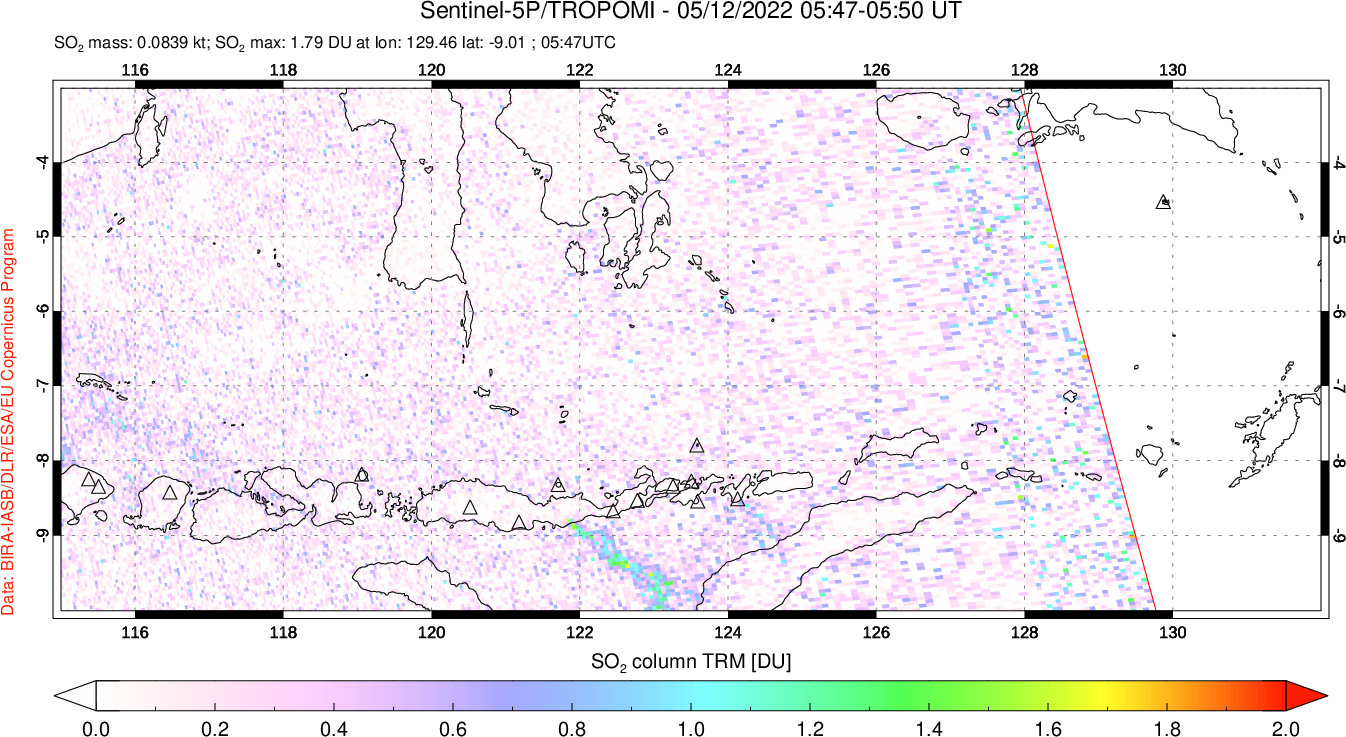 A sulfur dioxide image over Lesser Sunda Islands, Indonesia on May 12, 2022.