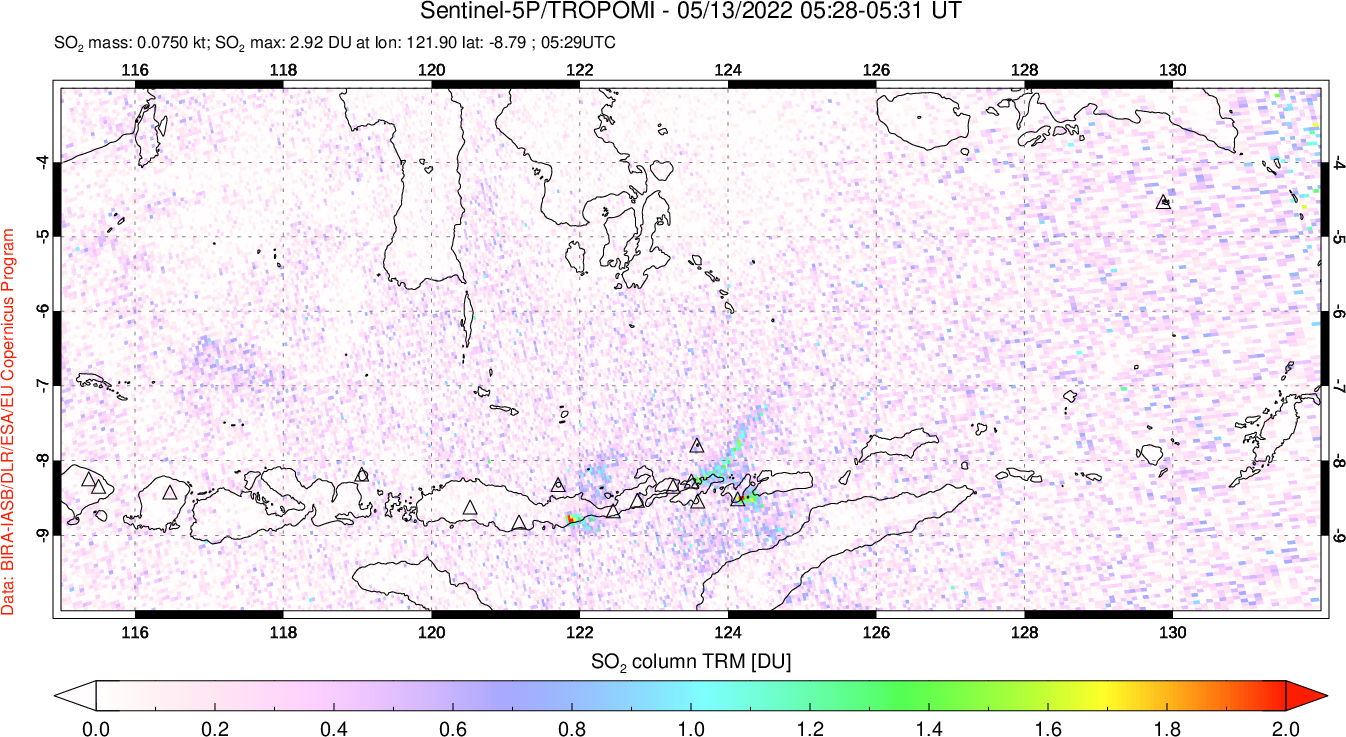 A sulfur dioxide image over Lesser Sunda Islands, Indonesia on May 13, 2022.