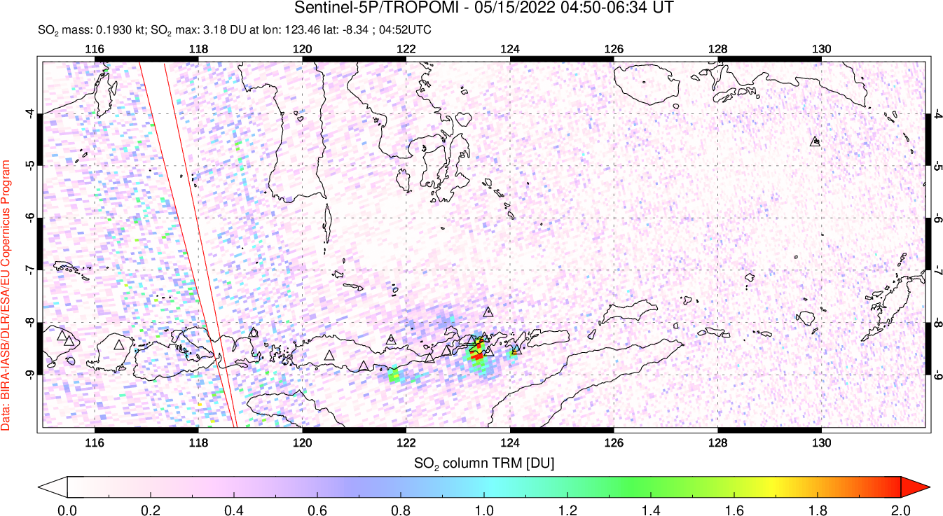 A sulfur dioxide image over Lesser Sunda Islands, Indonesia on May 15, 2022.