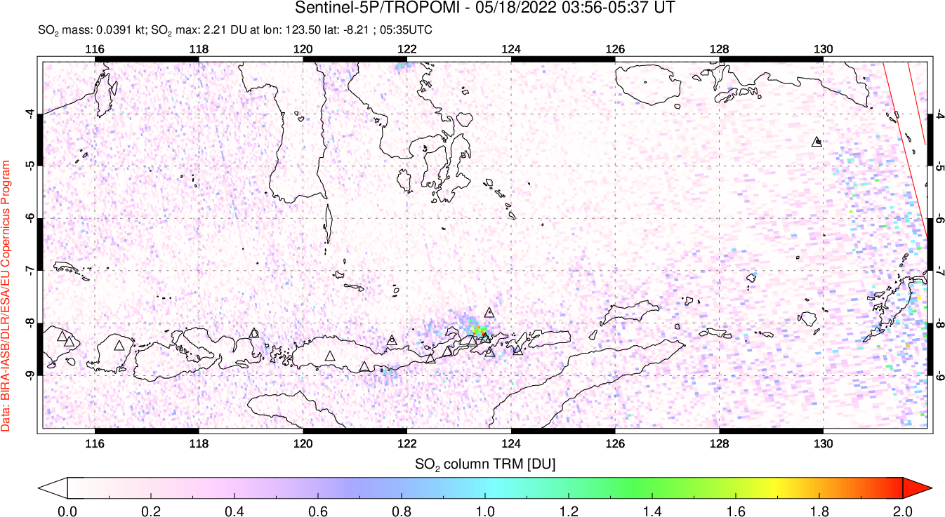 A sulfur dioxide image over Lesser Sunda Islands, Indonesia on May 18, 2022.