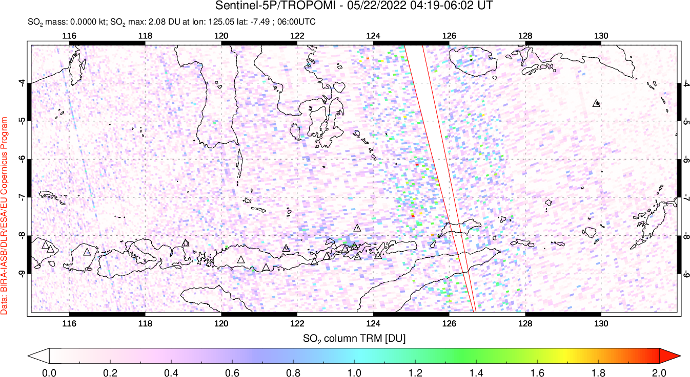 A sulfur dioxide image over Lesser Sunda Islands, Indonesia on May 22, 2022.